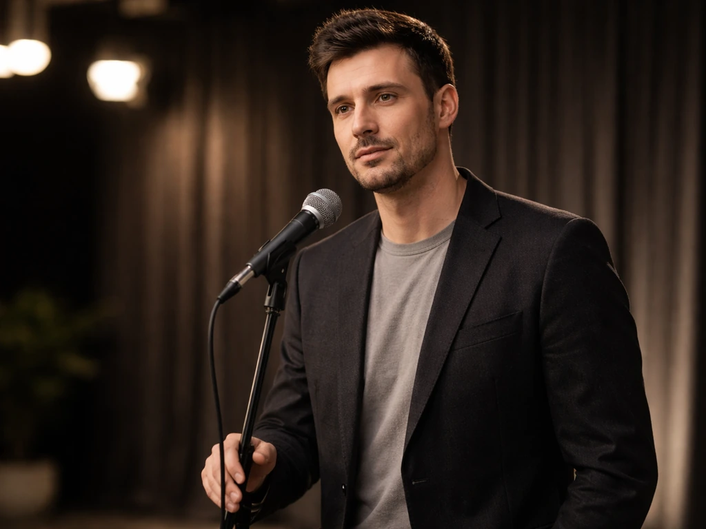 Serbian actor-style man in a TV studio with a microphone, softly lit and focused, no visible text.