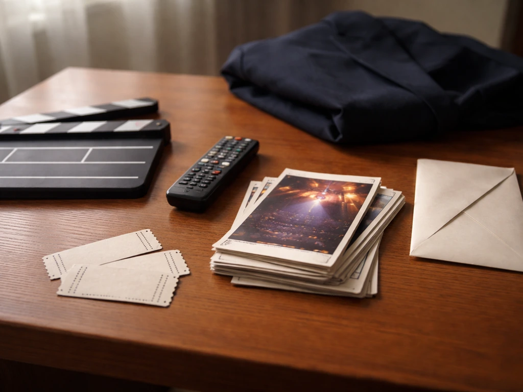 Minimal desk scene with clapperboard, TV remote, envelope, and theater papers symbolizing income sources.