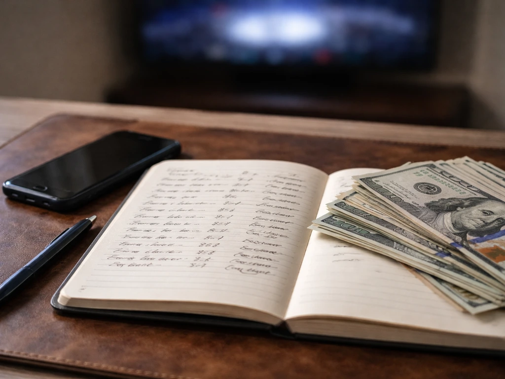 Close-up of a boxing purse ledger on a desk with a smartphone and cash, symbolizing career earnings data