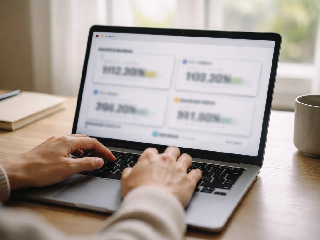 Close-up of a laptop showing blurred website cards with different numbers, symbolizing varying net-worth estimates.