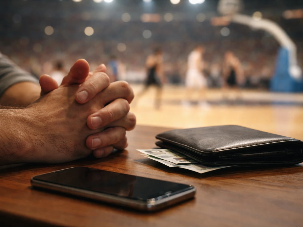 Basketball arena action blurred in background with a quiet money-themed desk scene in foreground