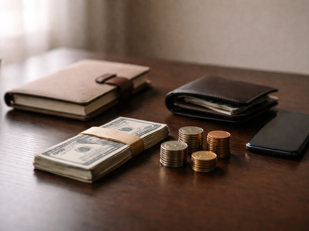 Minimal finance desk scene with wallet, coins, and a smartphone, symbolizing a net worth estimate breakdown