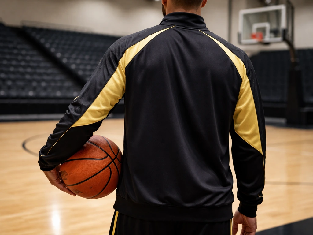 Anonymous basketball player in black-and-gold warm-up gear holding a ball on an indoor court.