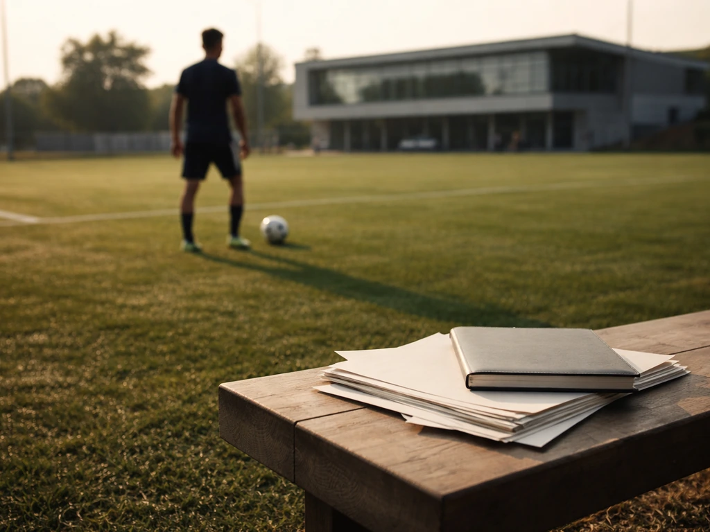 Blurred youth football training scene with a ball and plain documents on a bench, suggesting research and income verific