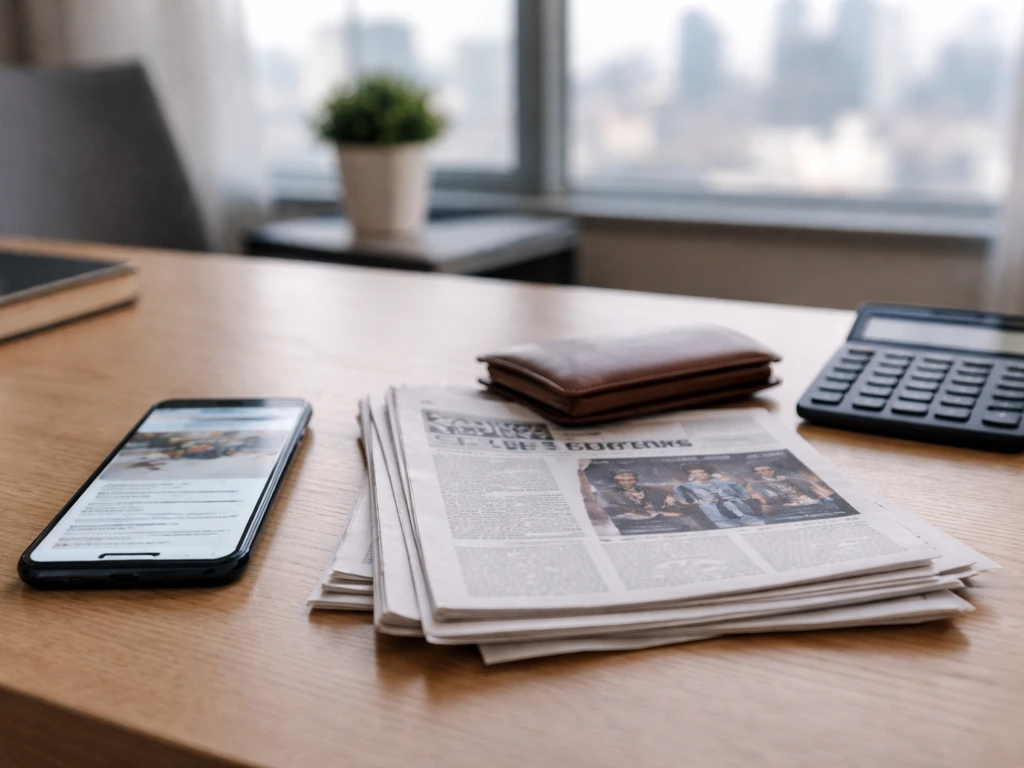 Minimal office desk with blurred phone web page, calculator, and money-related items suggesting net-worth sources