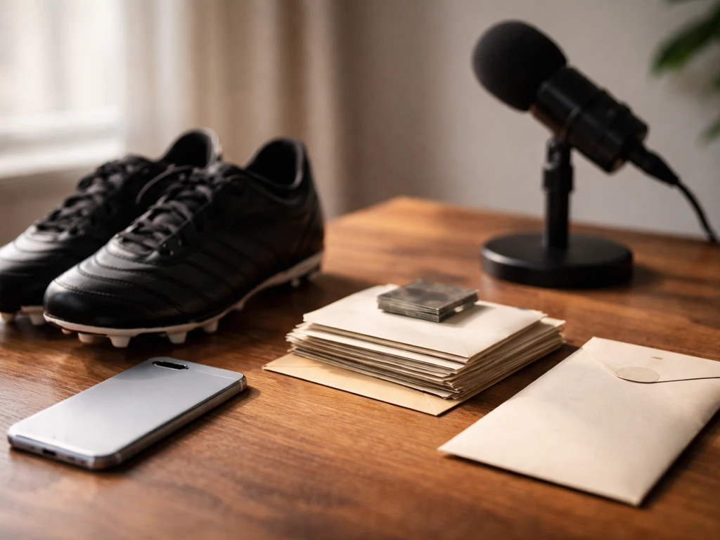 Black football boots on a desk with cash envelopes and a microphone, suggesting salary-based income dominance.