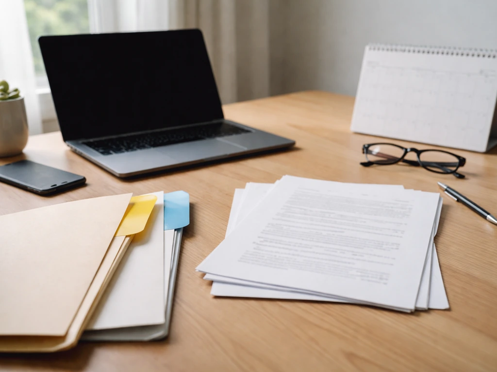 Tidy desk with laptop, papers, pen, and folders suggesting independent research and verification checklist.