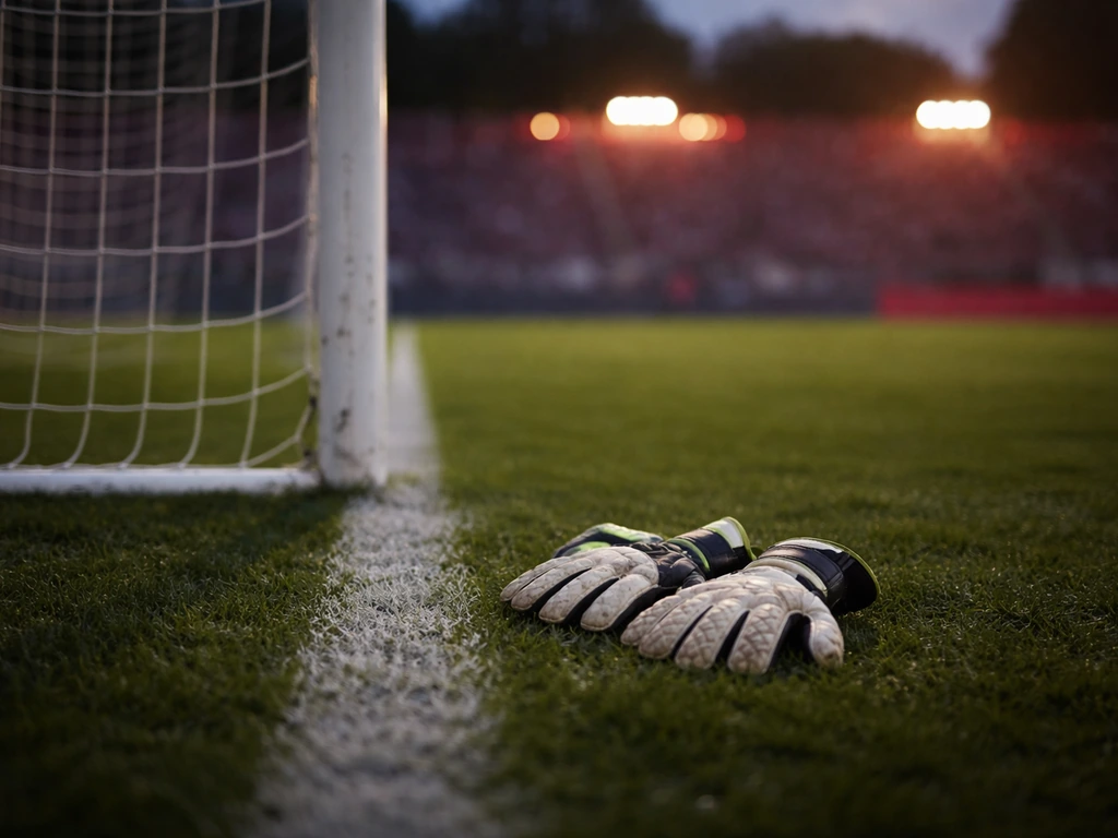 Anonymous goalkeeper gloves beside a blurred soccer goal at dusk, suggesting pro sports net-worth interest