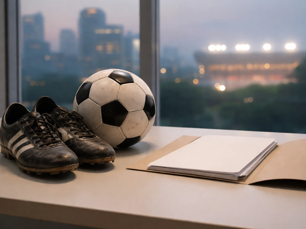 Football boots and a match ball on a tidy office desk beside a plain contract folder