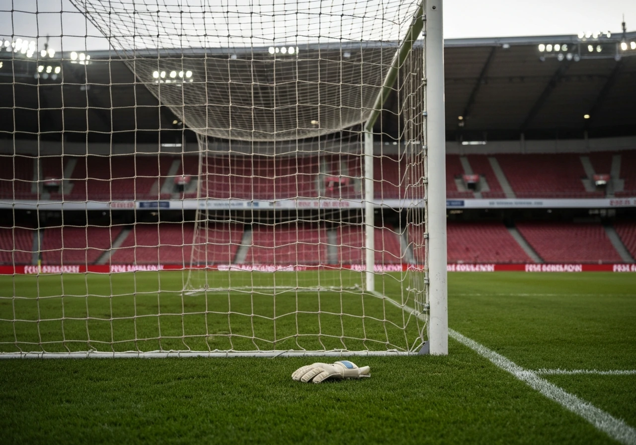 Empty football goal net in a stadium with a blurred crowd, evoking a goalkeeper career and earnings context