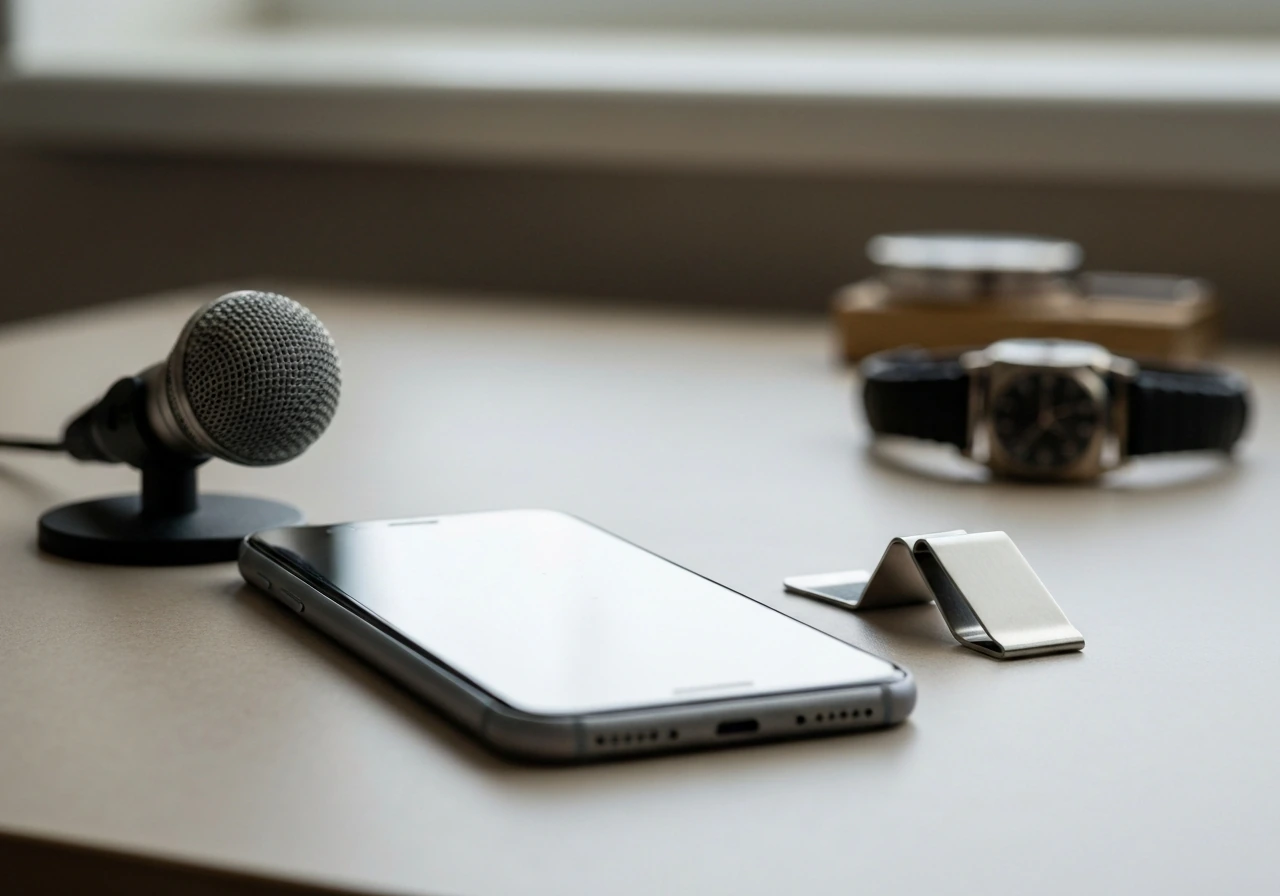 Minimal photo of a smartphone on a desk beside a microphone and money clips, symbolizing sponsorship media presence.