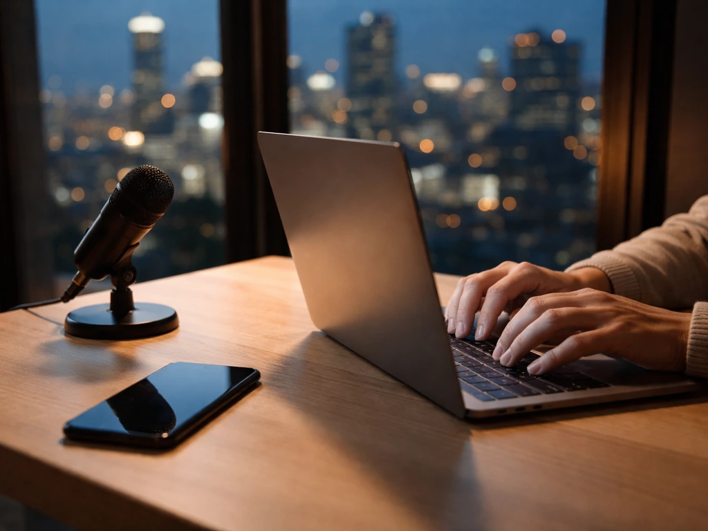 A Canadian entrepreneur-themed office scene with a laptop, microphone, and blurred city lights symbolizing media and wea