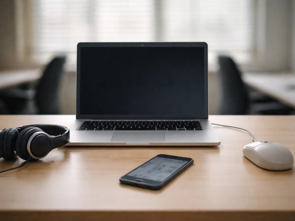 Minimal desk with laptop, headphones, and phone suggesting an early-2010s music/tech exit context