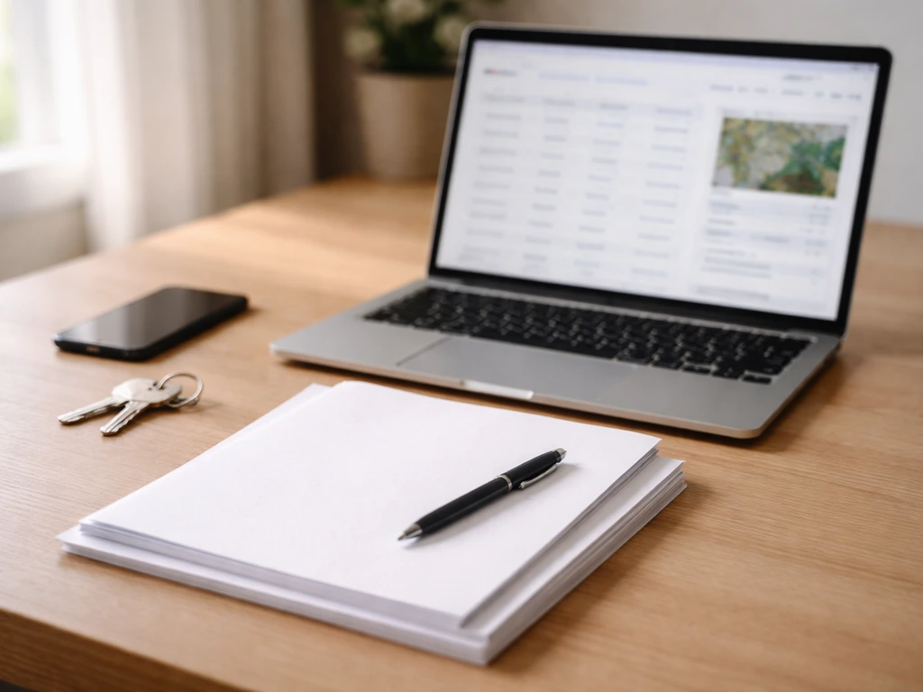 Minimal desk scene with laptop dashboard and blank property/corporate documents for verifying an estimate
