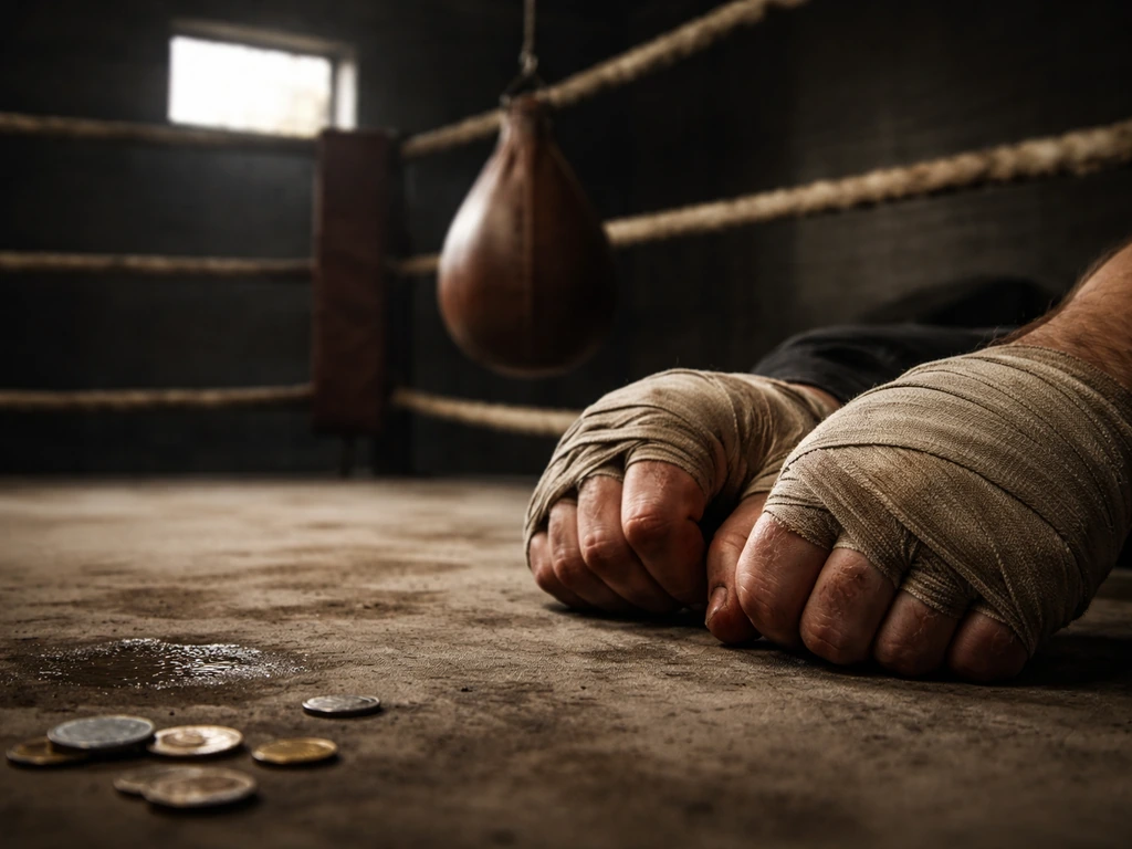Bare-knuckle boxing training scene with wrapped fists and coins near a boxing ring in a dim gym.