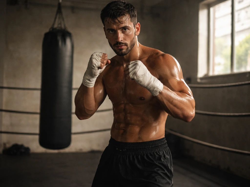 Anonymous bare-knuckle boxer in Miami training gym stance, heavy bag blurred behind him.