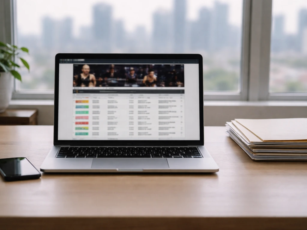 Minimal desk with laptop showing a blurred sports fight-history page used for net-worth estimation signals.