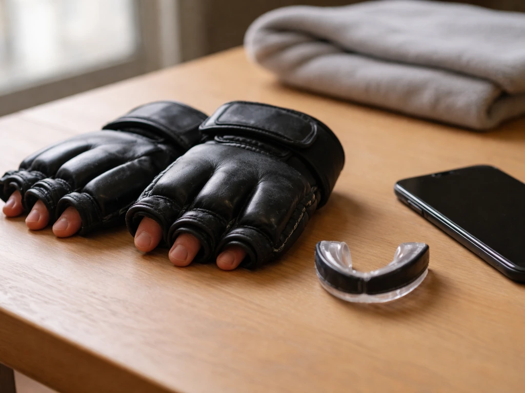An anonymous fighter gear setup beside a smartphone showing a blank finance page for a purse reference range