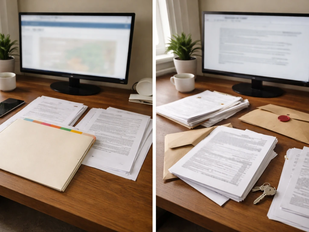 Minimal split view of property-records desk items versus obscured debt and obligation documents.