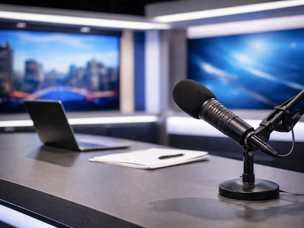 Australian TV newsroom studio desk with a microphone and laptop, suggesting media and financial analysis