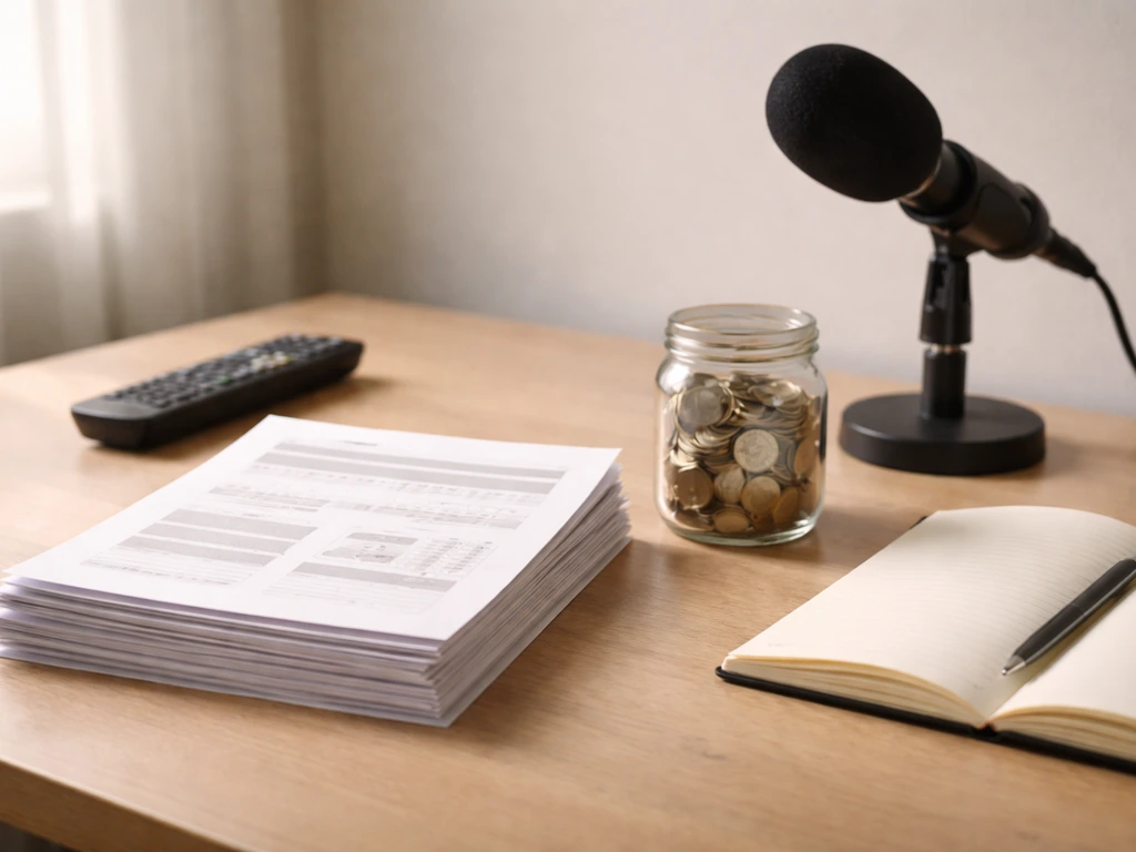 Desk with stacked salary-benchmark papers, coins, and a studio microphone symbolizing layered net-worth inputs.