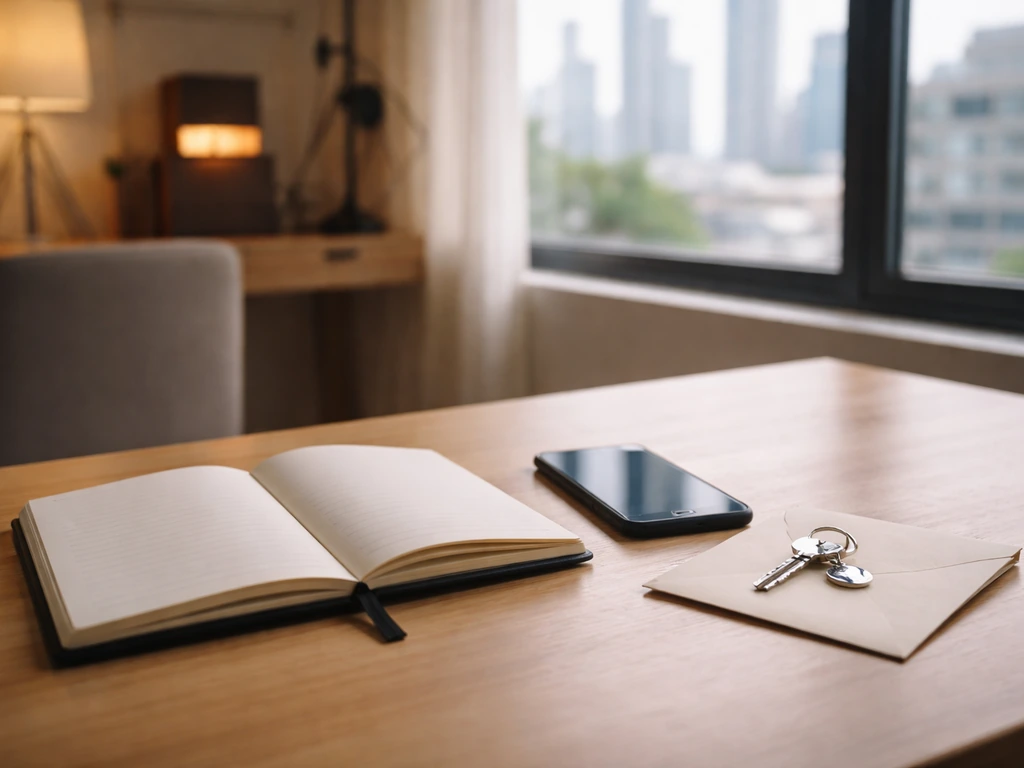 Minimal home office desk with notebook, phone, envelope, and keys symbolizing tracking income and assets.