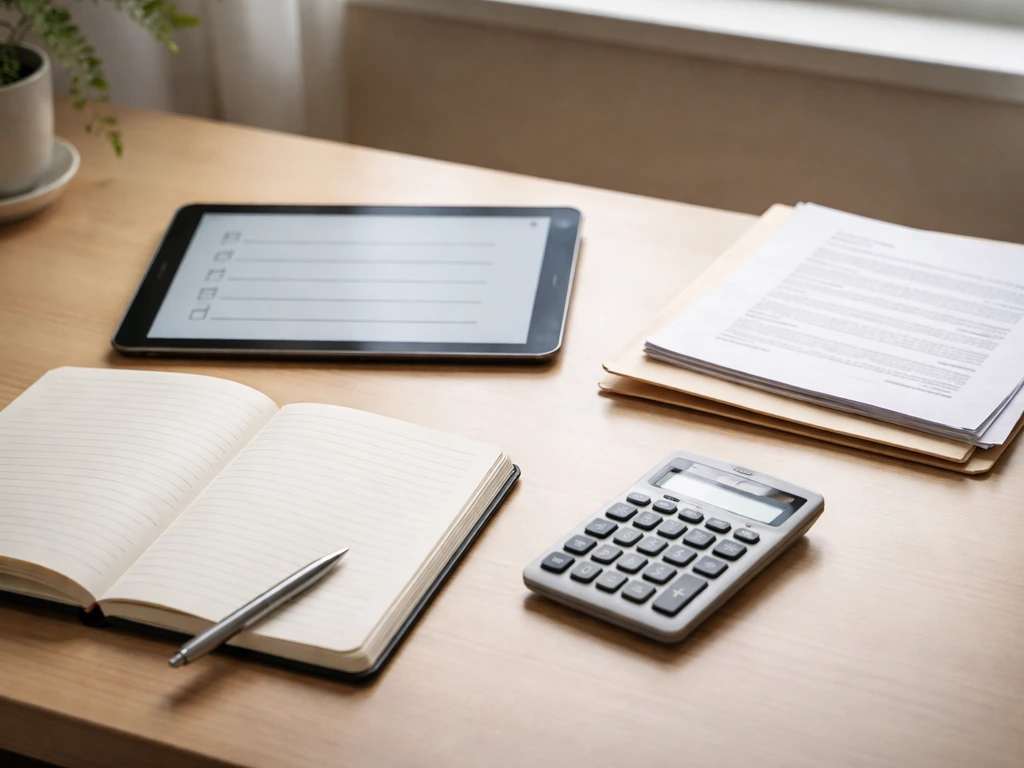 Open notebook and tablet on a desk with a calculator and folder, symbolizing verifying estimate methodology