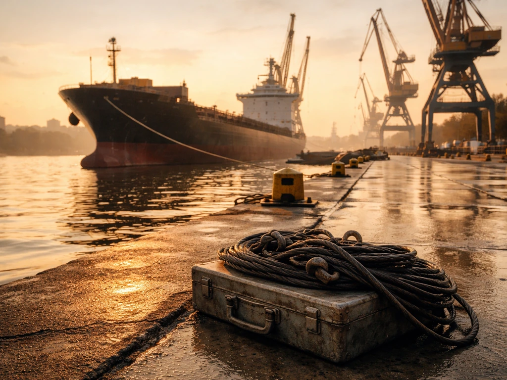 Minimal editorial photo of a Serbian port cranes and cargo ships symbolizing infrastructure wealth and business holdings