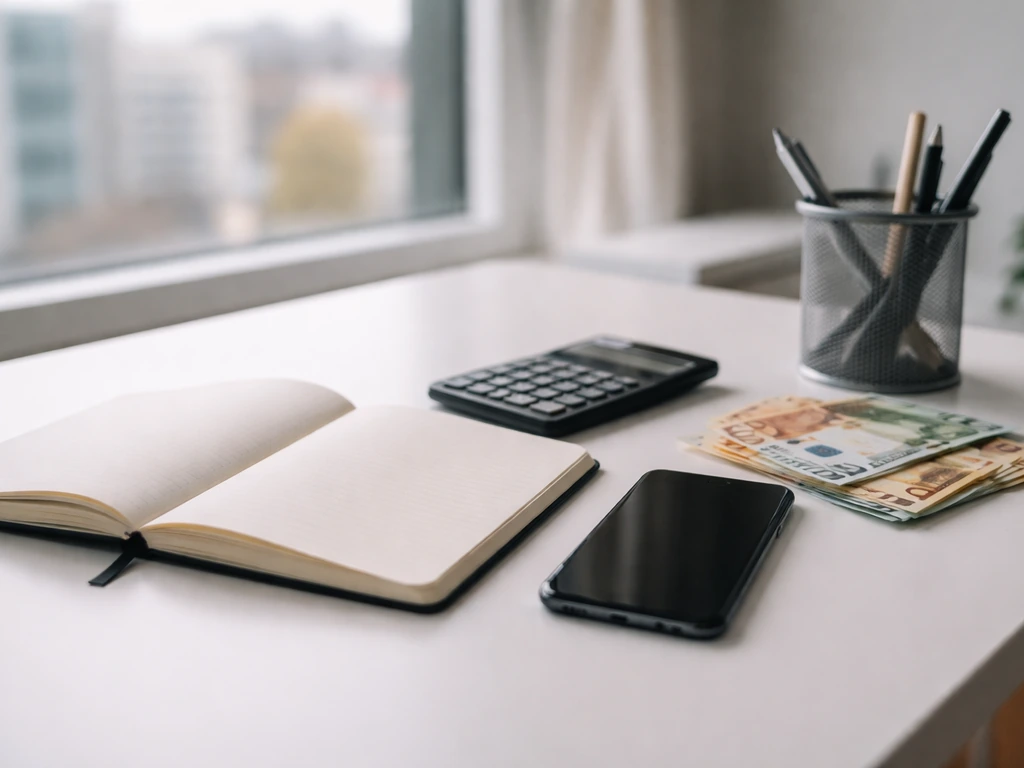 Minimal office desk with a calculator and scattered euros, symbolizing a mid-2026 net worth range estimate.