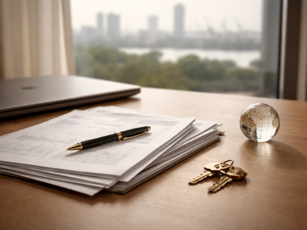 Minimal desk scene with scattered financial documents and a pen beside a small globe and keys