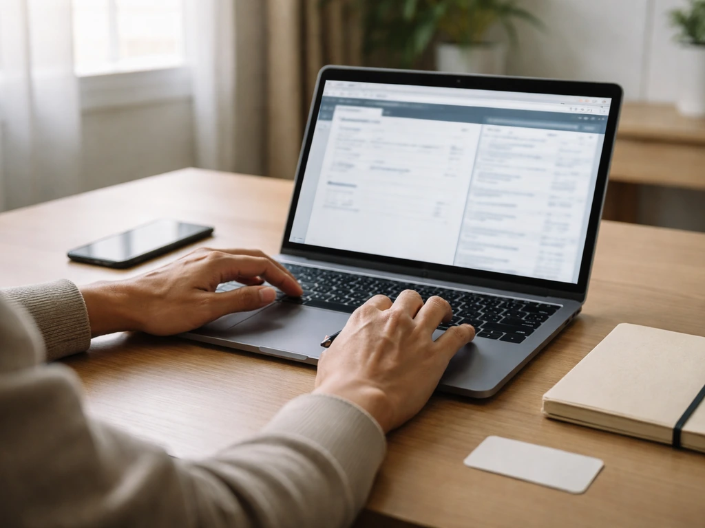 Person working at desk cross-checking business registry filings on a laptop, minimal workflow scene.