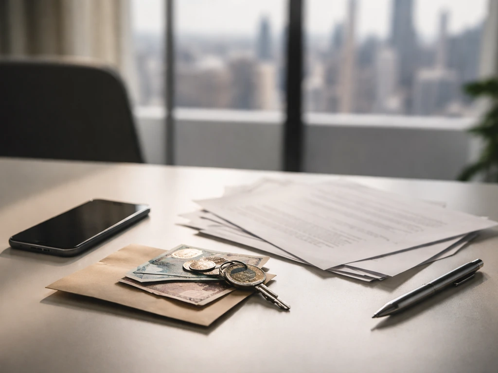 Minimal office desk scene with a phone and scattered documents suggesting changing wealth estimates.