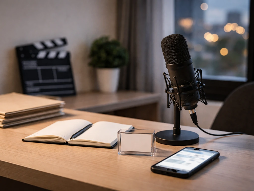 Minimal photo of a studio desk with microphone and a notebook, suggesting verifying film and financial sources