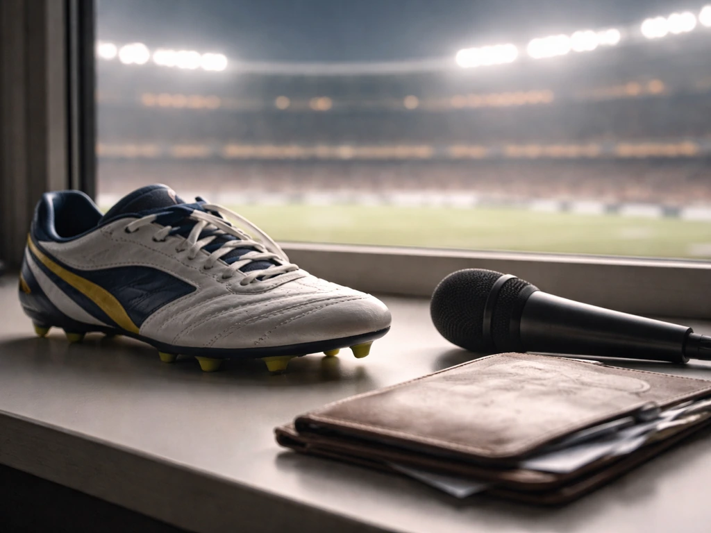 Unlabeled football boot and media microphone on a desk with a softly blurred stadium background.