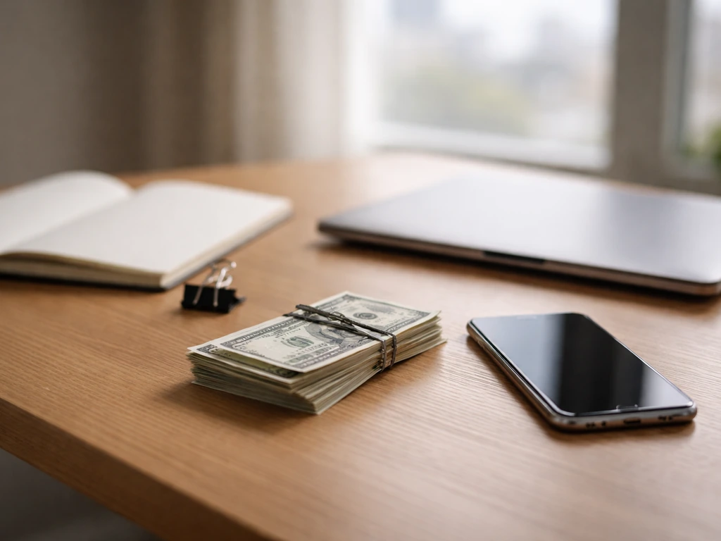 Minimal photo of a tidy desk with cash, a smartphone, and a closed laptop implying a net worth estimate.