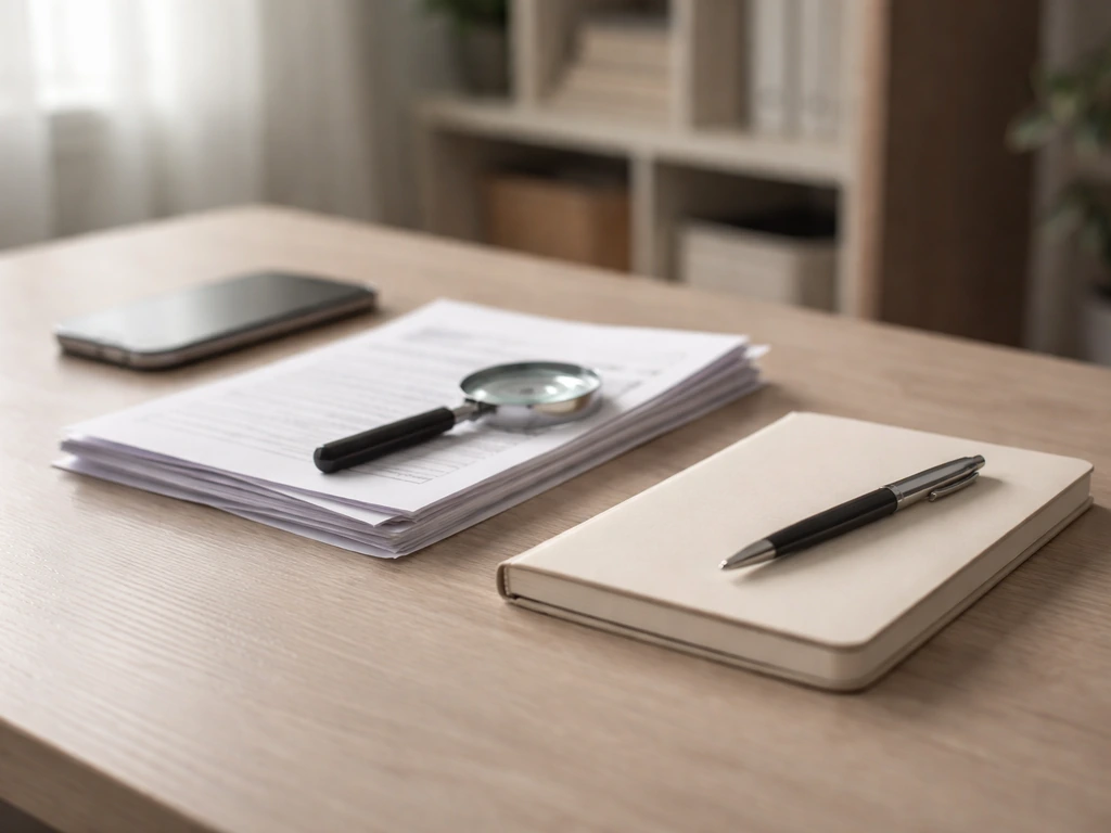 Minimal desk scene with smartphone, documents, and a notebook for verifying and updating an online financial estimate