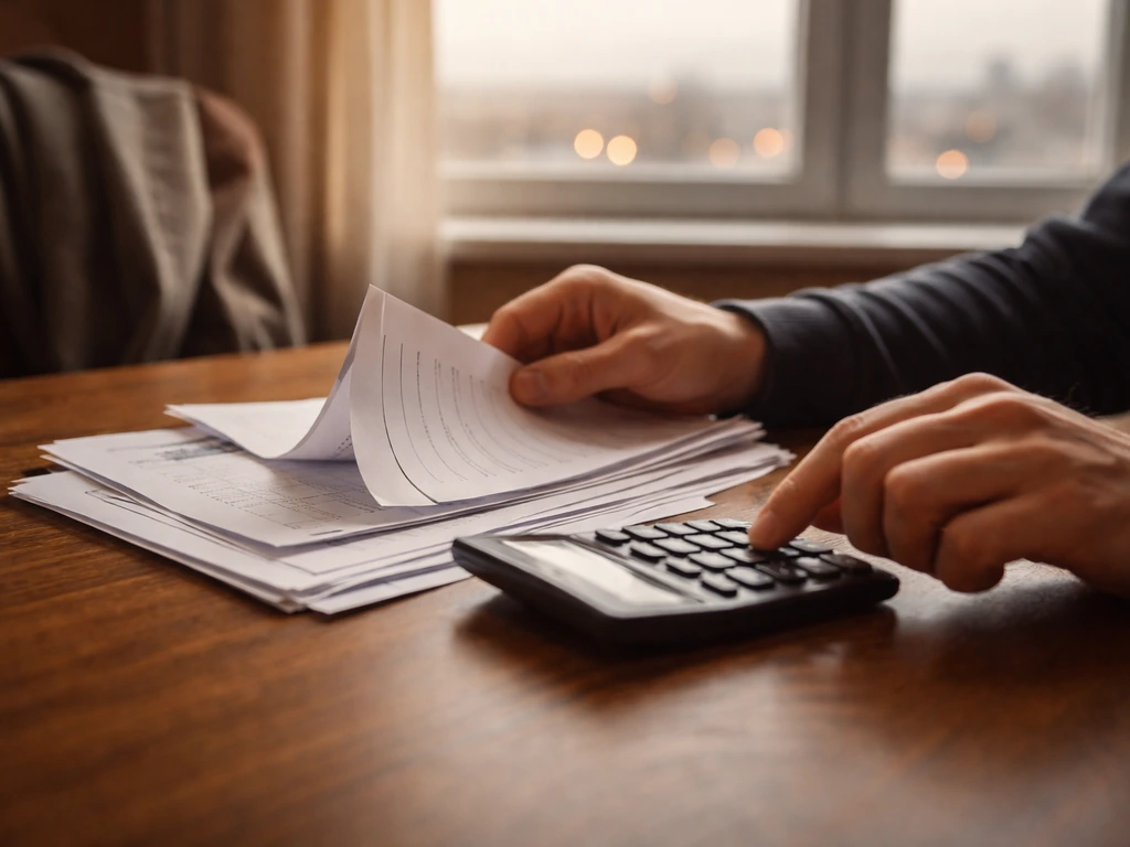 Hands reviewing financial documents with a calculator on a desk, blurred Russian city backdrop.