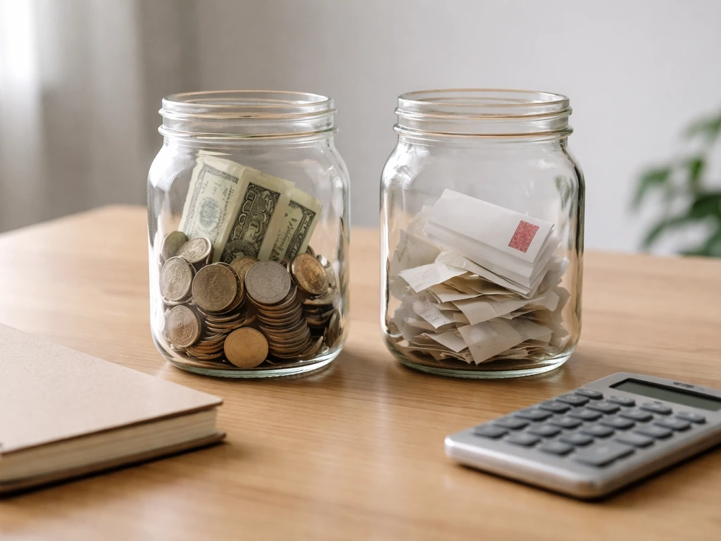 Minimal desk photo with two side-by-side jars suggesting assets and liabilities for net worth.