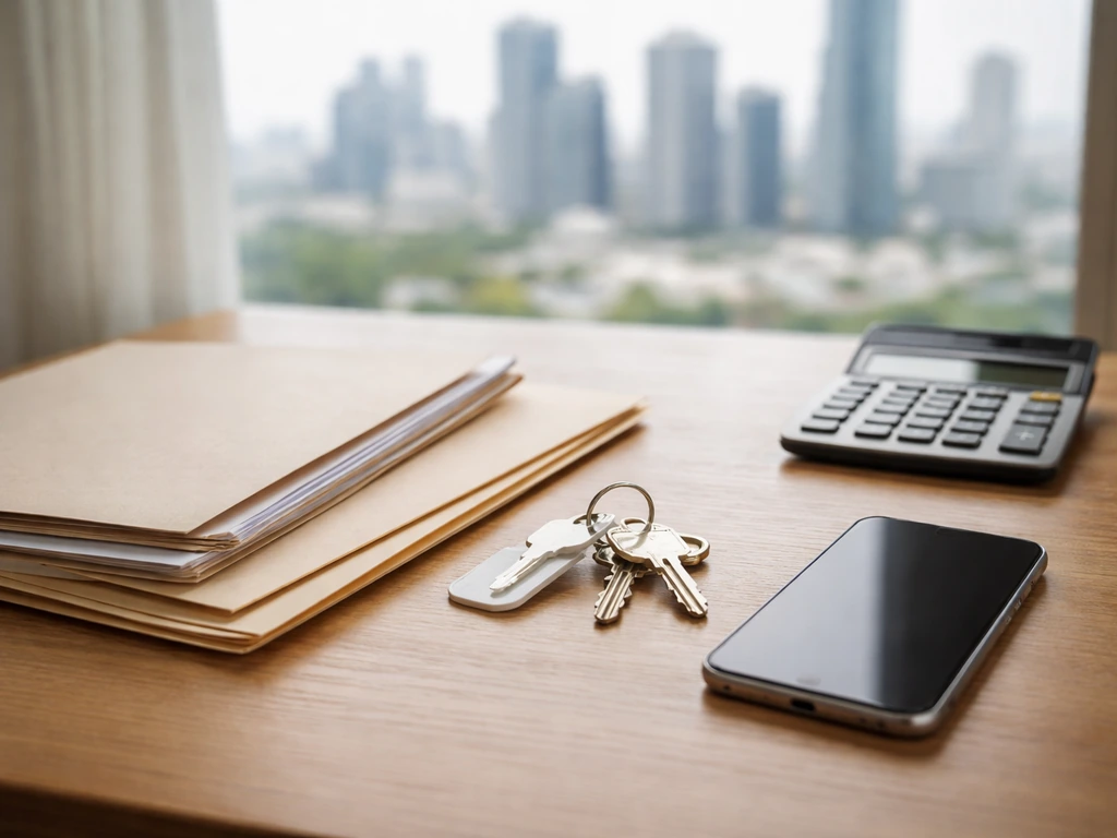 Minimal desk scene with property documents, keys, and a smartphone suggesting asset ownership research