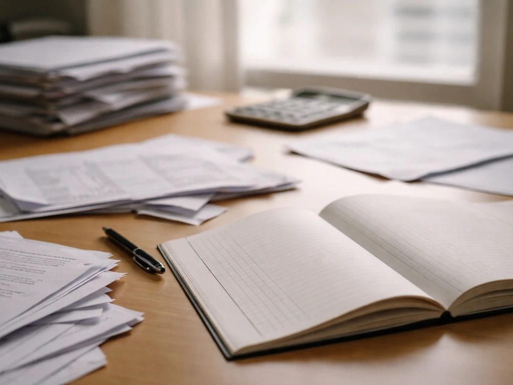 A blurred desk scene with a wide uncertainty feeling: scattered papers, open ledger, and a blurred calculator in soft li