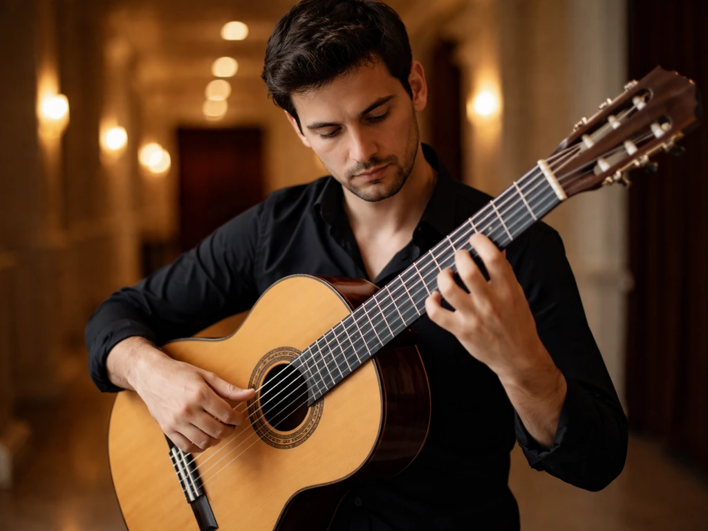 Anonymous classical guitarist holding a classical guitar in a quiet music hall corridor.