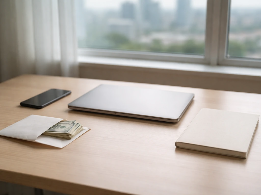 Minimal photo of a quiet studio desk with a smartphone, cash envelope, and notebook suggesting a net worth snapshot.