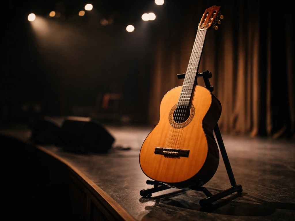 Close-up of a classical guitar on a stand under warm stage lights with a dim concert hall backdrop