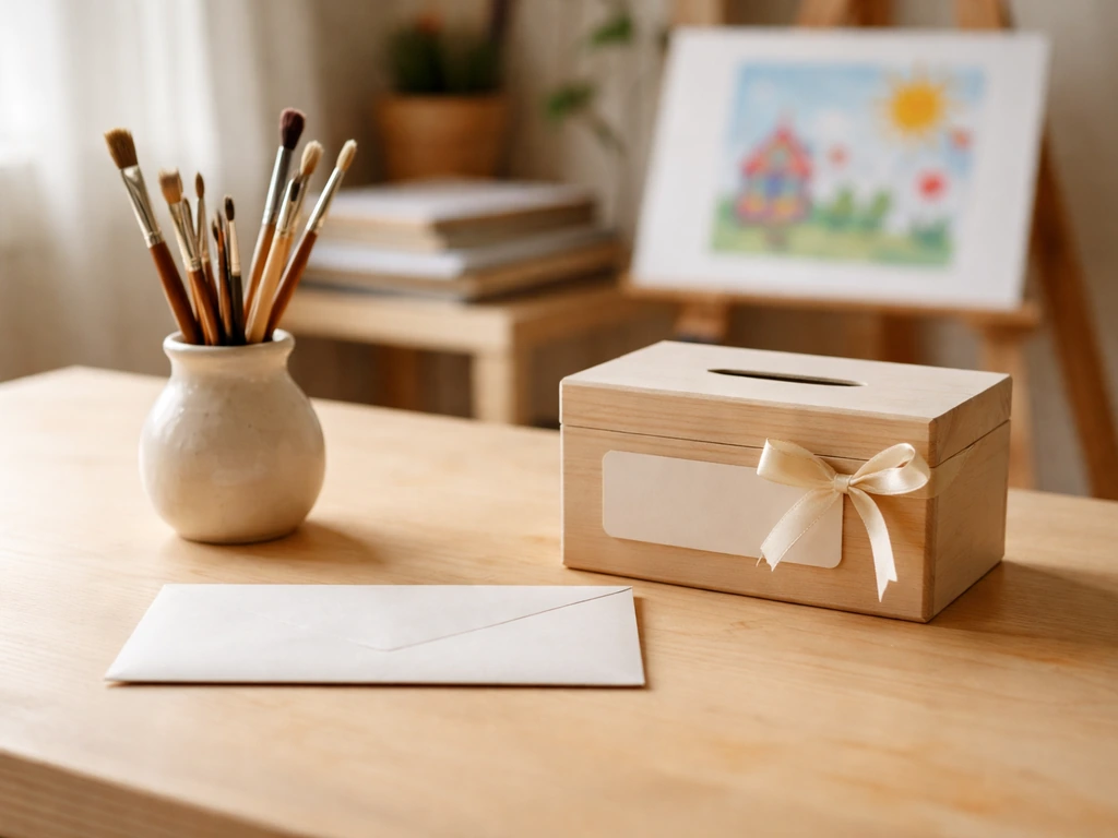 Minimal arts-space desk with paint supplies and a donation envelope and box symbolizing support for young artists.