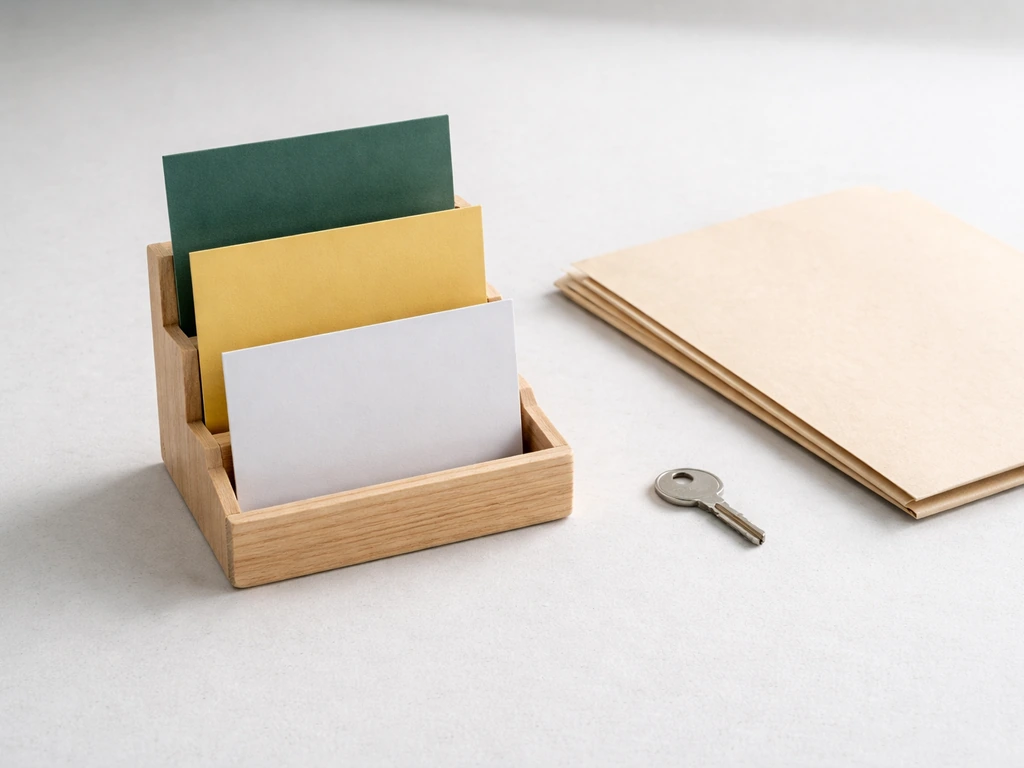 Minimal desk scene with three blank color-coded cards and a closed folder implying evidence levels.