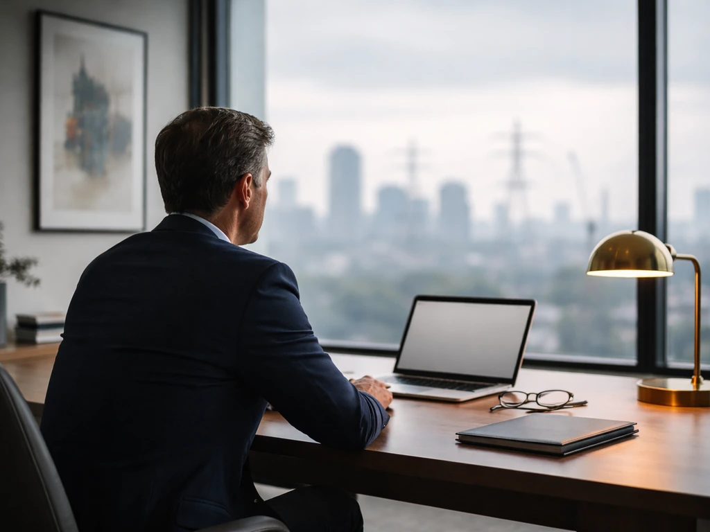 Anonymous executive in a modern office overlooking a city, with a laptop suggesting energy-finance leadership.