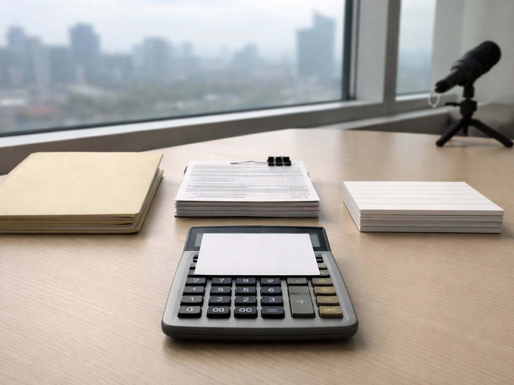 Minimal office desk with blank documents, folders, and a calculator suggesting blended estimation methodology