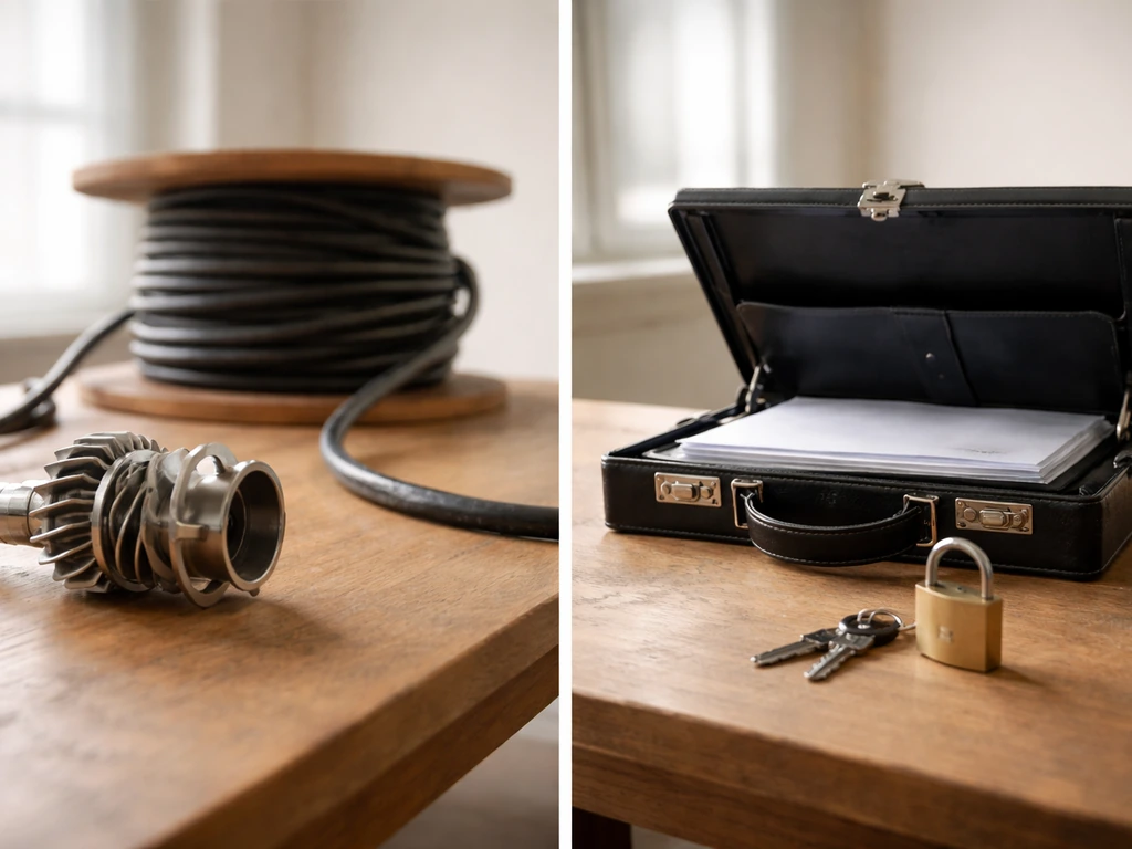 Split view of a clean desk scene showing power-equipment and finance items side by side, symbolizing assets vs liabiliti