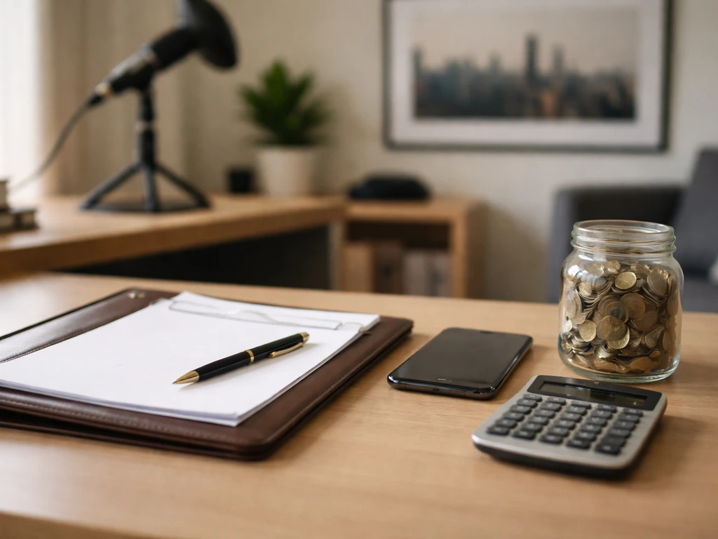 Minimal desk scene with calculator, coins jar, blank documents, and a studio microphone in soft blur.