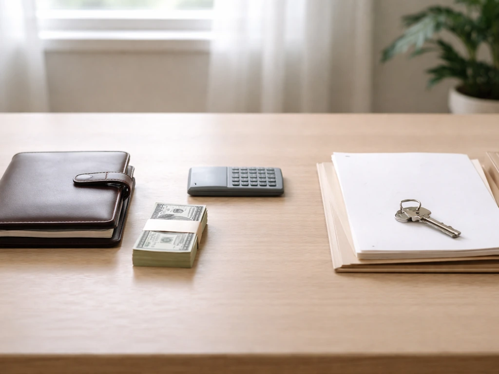 Minimal office desk with money and liability-like paperwork to symbolize assets minus liabilities.